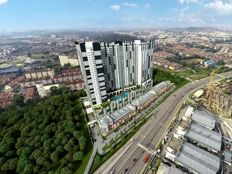 Exterior type: high-rise condominium; features: glass curtain wall, projecting balconies, surrounded by mature greenery, adjacent to highway, multi-storey car park, landscaped garden, open-air parking lot; style: modern.