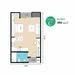 Floor plan: 2-bedroom 1-bathroom unit; features: open-plan kitchen-dining-living, master bedroom with ensuite bathroom, all bedrooms with windows, utility room, balcony off living room, central foyer.
