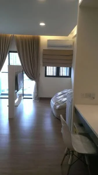 Room features: wooden flooring, floor-to-ceiling windows, sheer curtains, drapes, wall-mounted split AC, study desk, white cabinetry, bean bag chair, recessed lighting; style: modern; view: city.