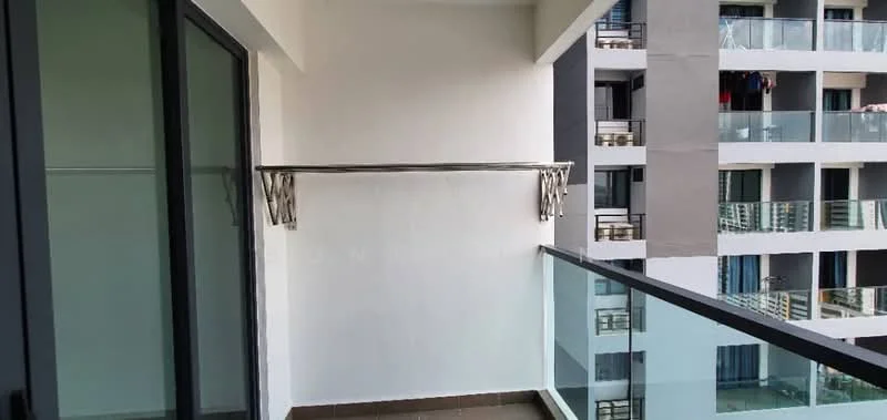 Balcony features: glass railing, tile flooring, metal drying rack, white painted walls, overhead cover; style: modern.