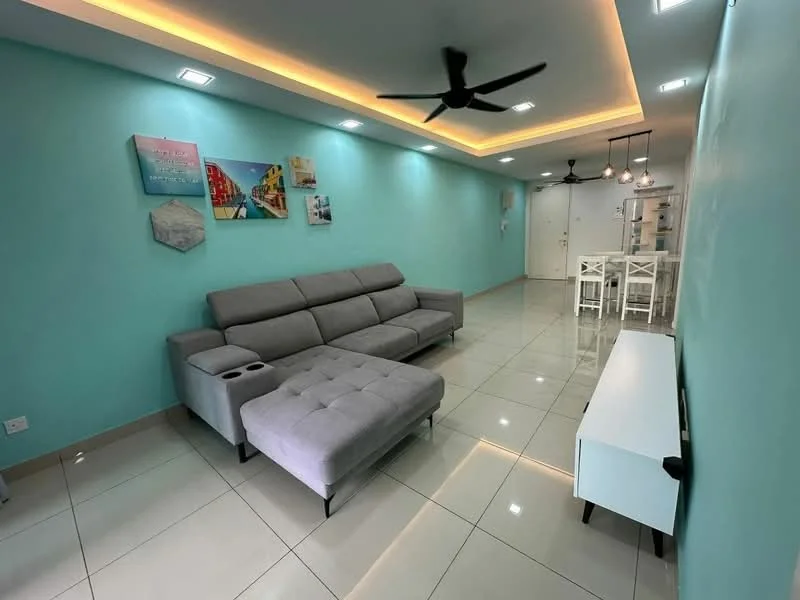 Living features: grey fabric sectional sofa with chaise, recessed LED downlights, 5-blade ceiling fan, glossy white tile flooring, light blue painted walls, decorative wall art, white TV console, dining table with white chairs, open layout, crown moulding, natural light from door, modern decor; style: modern.