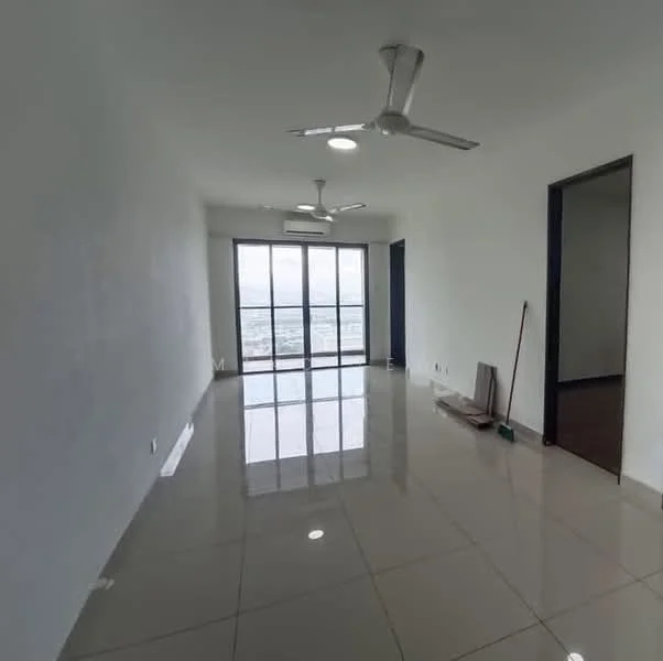 Living features: white painted walls, glossy ceramic tile flooring, 2 ceiling fans, floor-to-ceiling windows, sliding glass door, natural light, neutral color scheme, open layout; style: modern; view: city.