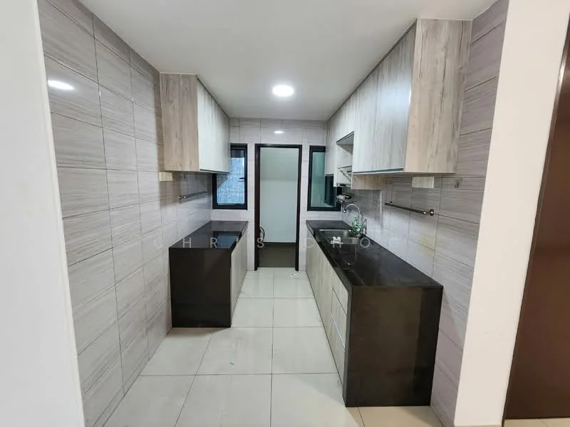 Kitchen features: grey tiled walls, light wood cabinetry, black granite countertop, double-bowl stainless-steel sink, chrome pull-down faucet, built-in oven, ceramic tile flooring, recessed LED downlights, window for natural light, open shelving, kitchen island, wall-mounted cabinets; style: modern.