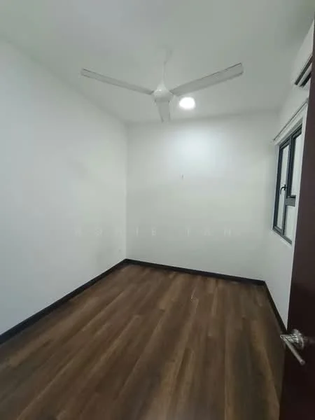 Room features: white painted walls, wooden flooring, 5-blade ceiling fan with light, single window, door with handle, recessed ceiling light.