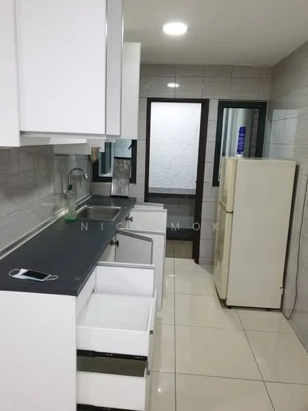 Kitchen features: white shaker cabinets, black countertop, stainless-steel sink, chrome pull-down faucet, built-in refrigerator, ceramic tile flooring, grey tiled walls, window with sheer curtains, open shelving, drawer storage; style: modern.