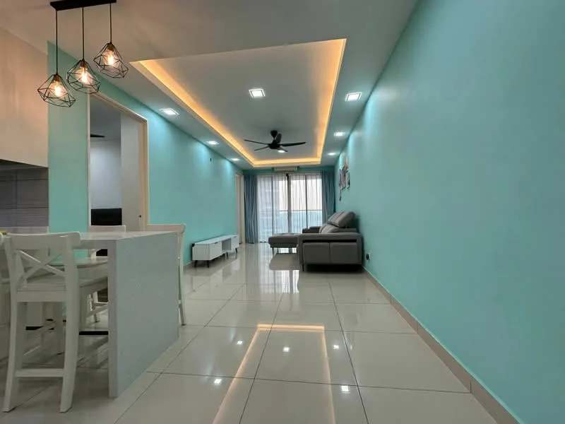 Living features: turquoise painted walls, glossy white tile flooring, recessed ceiling lights, 5-blade ceiling fan, large windows with sheer curtains, sofa in grey, TV console, dining table with white chairs, decorative wall art, LED strip lighting, open layout; style: modern; view: city.