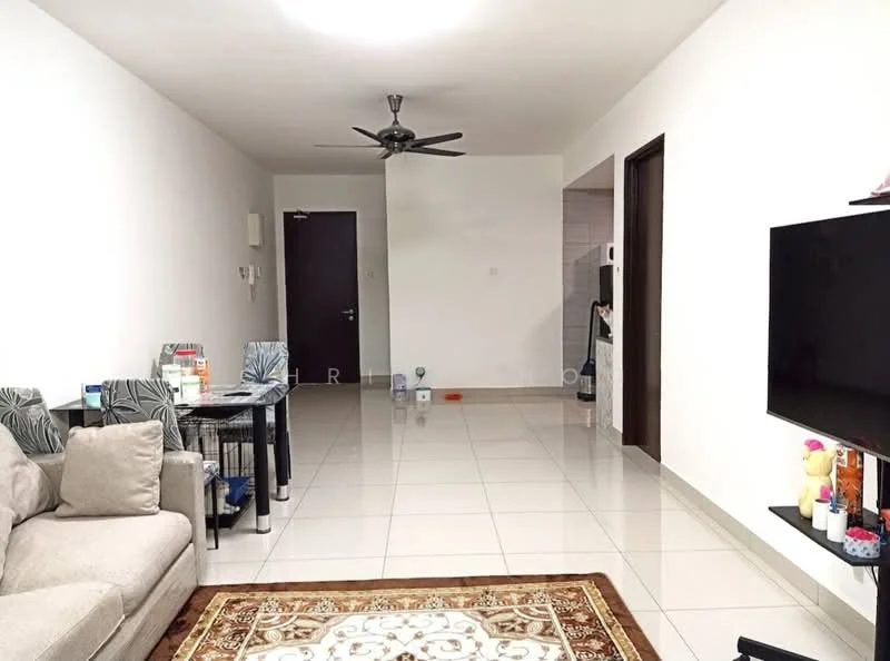 Living features: light grey fabric sofa, 3-seater sofa, coffee table, area rug with geometric pattern, wall-mounted TV, ceiling fan, white painted walls, glossy tile flooring, decorative items on TV console, open space layout; style: modern. Room features: white painted walls, glossy tile flooring, doorway leading to another room.