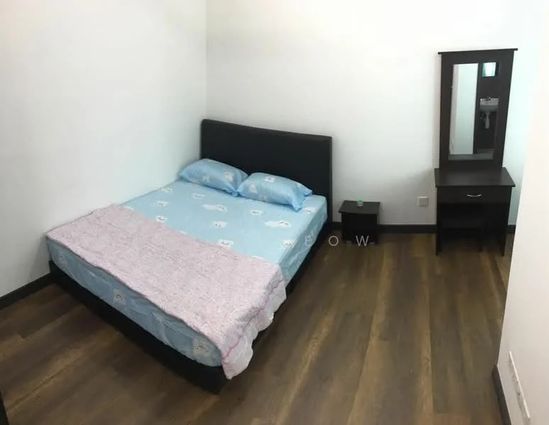 Bedroom features: queen-size bed with blue bedding, black upholstered headboard, wooden bedside table, dark wood dresser with mirror, laminate flooring, white painted walls, window with natural light, minimalist decor; style: modern.