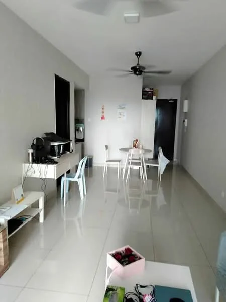 Living features: white painted walls, glossy ceramic tile flooring, 5-blade ceiling fan, wall-mounted TV, white coffee table, light wood side table, 4-seater dining table, plastic dining chairs, large window, black door, refrigerator visible, decorative items on table; style: modern.