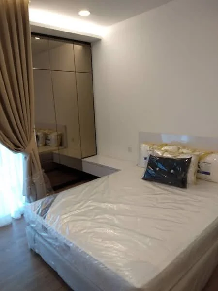 Bedroom features: queen-size bed with white bedding, upholstered headboard, built-in wardrobe with mirrored doors, wooden flooring, curtains in beige, recessed ceiling lights, nightstand with lamp, decorative pillows; style: modern.