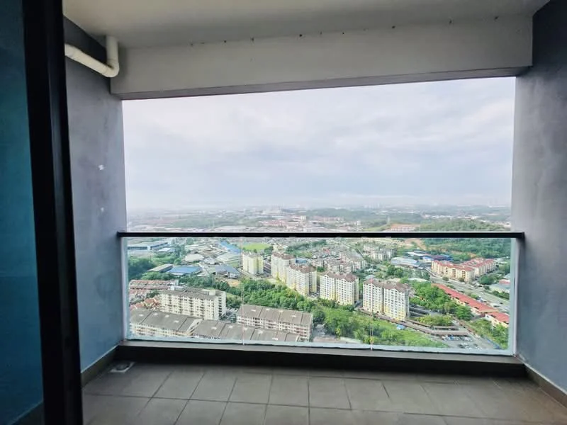 Room features: floor-to-ceiling windows, glass balcony railing, grey painted walls, tile flooring, city view, outdoor space; style: modern; view: city.