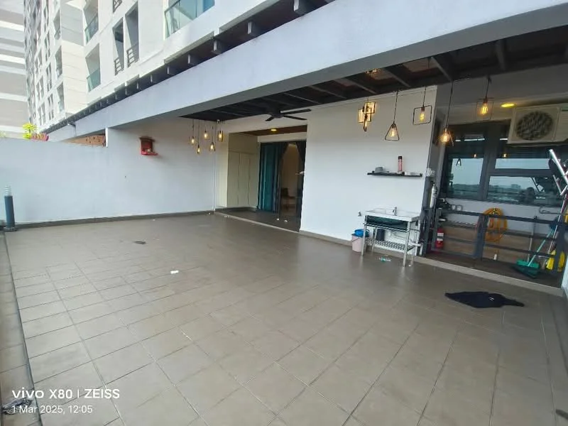 Room features: large tiled flooring, exposed wooden beams on ceiling, hanging pendant lights, glass sliding door, open layout, wall-mounted air conditioning unit, outdoor space with railing, partial view of interior room, decorative wall with light fixtures; style: modern; view: city.