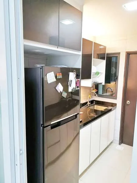 Kitchen features: black granite countertop, white cabinetry with flat-panel doors, stainless-steel fridge, built-in sink, chrome pull-down faucet, black backsplash, under-cabinet lighting, wall-mounted cabinets, tile flooring, recessed ceiling lights; style: modern.