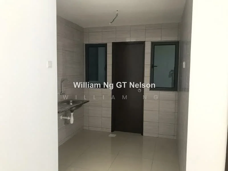 Room features: white painted walls, light grey tiled flooring, single-bowl stainless-steel sink, dark wood door, two small windows, no visible lighting fixtures.
