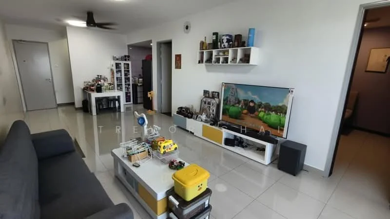Living features: grey fabric sofa, coffee table with storage, wall-mounted TV, TV console, white floating shelves, decorative items on shelves, tile flooring, ceiling fan, recessed lighting, decorative wall art, open layout to adjacent rooms; style: modern.