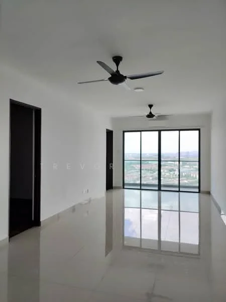 Living features: white painted walls, polished ceramic tile flooring, 5-blade ceiling fan, floor-to-ceiling windows, city view, recessed downlights, sliding glass door, open layout; style: modern; view: city.