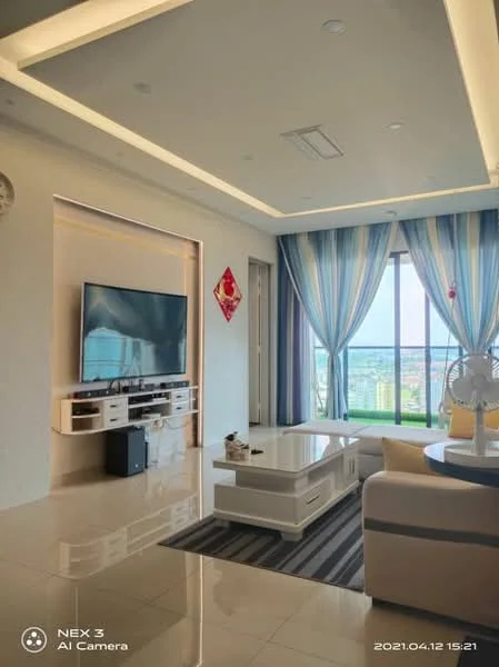 Living features: floor-to-ceiling windows, white painted walls, recessed ceiling lights, light grey ceiling, cream-colored sofa, coffee table with white surface, TV console with storage, wall-mounted TV, striped area rug, curtains with blue and white stripes, decorative wall clock, air conditioning unit; style: modern; view: city.