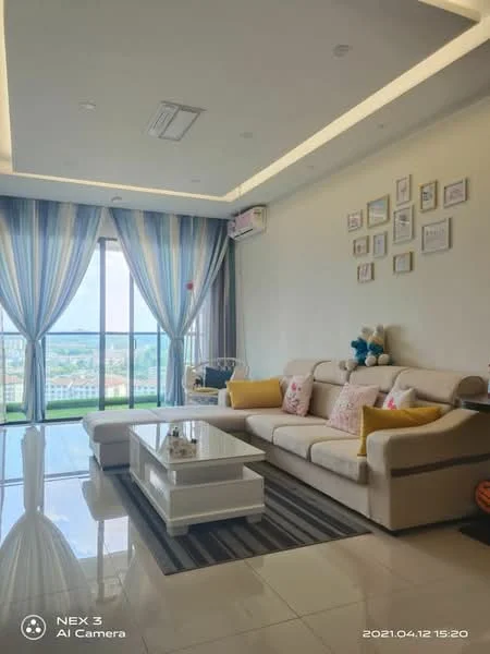 Living features: 3-seater fabric sofa in cream, coffee table with glass top, area rug with striped pattern, floor-to-ceiling windows, curtains with blue and white stripes, recessed ceiling lights, wall-mounted air conditioning unit, decorative wall frames, decorative cushions, potted plants, view of city skyline; style: modern; view: city.