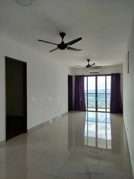 Living features: white painted walls, glossy ceramic tile flooring, 2 ceiling fans, floor-to-ceiling windows, sliding glass door, purple curtains, air conditioning unit, view of city skyline; style: modern; view: city.