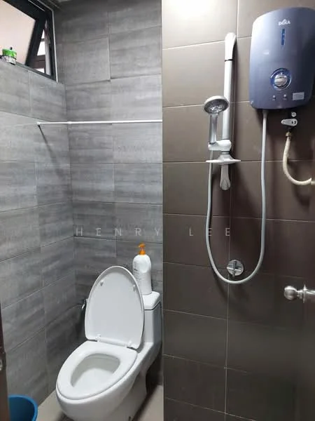 Bathroom features: grey ceramic tile walls, light grey ceramic tile flooring, one-piece toilet, shower with handheld showerhead, wall-mounted water heater, chrome shower mixer, soap dispenser, toilet paper holder; style: modern.