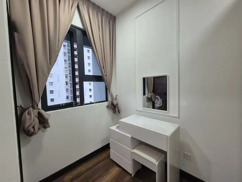 Room features: white painted walls, dark wood flooring, floor-to-ceiling windows, sheer curtains, vanity table with mirror, white drawer unit, upholstered stool, neutral color scheme; style: modern; view: city.