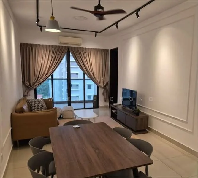 Living features: 3-seater fabric sofa in beige, wooden coffee table, TV console, wall-mounted TV, floor-to-ceiling windows, sheer curtains, 5-blade ceiling fan with light, recessed downlights, cream painted walls, tile flooring; style: modern; view: city. Dining features: 6-seater dining table, grey plastic dining chairs; style: modern.