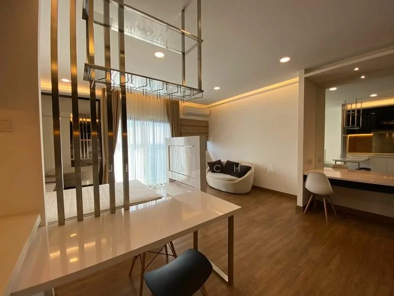 Living features: wooden flooring, white painted walls, recessed downlights, floor-to-ceiling windows, sheer curtains, modern dining table with metal legs, black dining chair, white sofa, decorative wall paneling, air conditioning unit, LED strip lighting, open layout; style: modern.