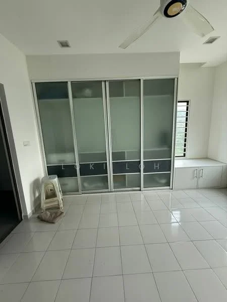 Room features: white painted walls, glossy white tile flooring, built-in wardrobe with sliding glass doors, window with grid design, ceiling fan; style: modern.