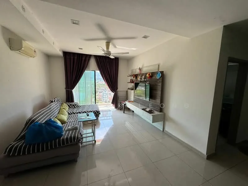 Living features: 3-seater fabric sofa with striped pattern, coffee table, TV console, wall-mounted TV, floor-to-ceiling windows, curtains in dark purple, white tiled flooring, ceiling fan, air conditioning unit, decorative wall shelf, decorative items on shelf, area rug; style: modern; view: city.
