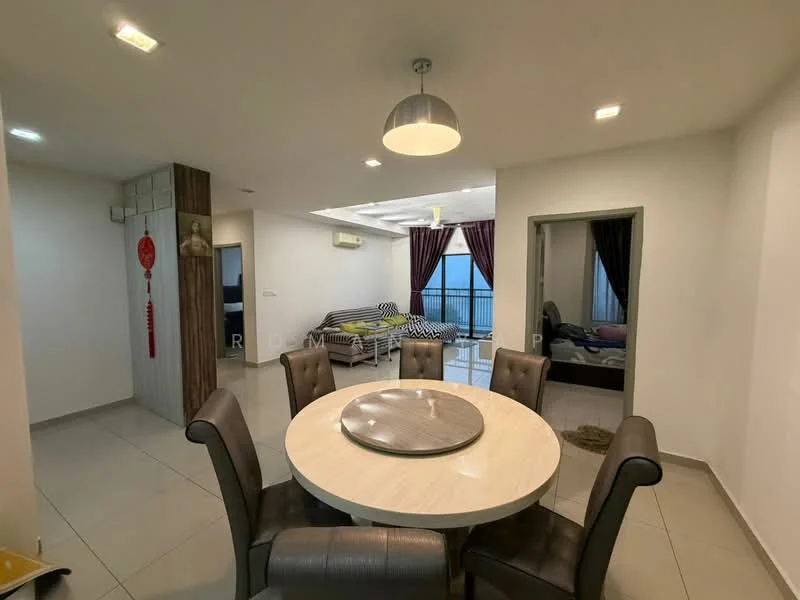 Dining features: round dining table with marble top, 6 upholstered dining chairs in grey, pendant light fixture, white painted walls, tile flooring, window with sheer curtains, decorative wall panel, air conditioning unit; style: modern. Living features: sofa bed, floor-to-ceiling windows, dark curtains, carpeted flooring; style: modern; view: city.