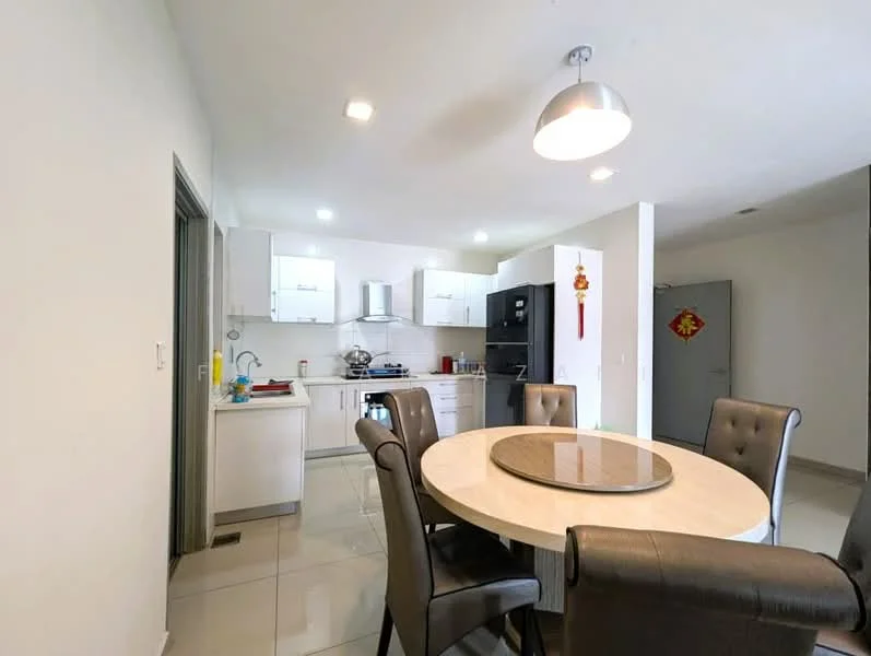 Kitchen features: white cabinetry, stainless-steel range hood, built-in oven, freestanding range oven, single-bowl stainless-steel sink, chrome pull-down faucet, white quartz countertop, ceramic tile flooring, recessed downlights, wall-mounted cabinets, open shelving, kitchen island, dining table with circular top, upholstered dining chairs; style: modern.