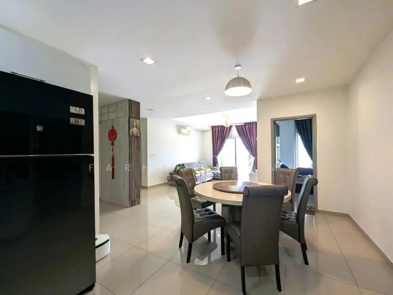 Dining features: round dining table, upholstered dining chairs, white walls, recessed downlights, floor-to-ceiling windows, curtains in dark red, sofa in living area visible, tile flooring; style: modern. Living features: sofa, floor-to-ceiling windows, curtains in dark grey, wall-mounted air conditioning unit; style: modern. Kitchen features: black refrigerator, tile flooring; style: modern.
