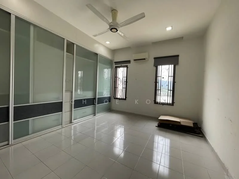 Room features: white painted walls, tile flooring, ceiling fan, 2 windows with security grills, 1 wall-mounted split AC, built-in wardrobe with sliding glass doors, natural light from windows, neutral color scheme; style: modern.