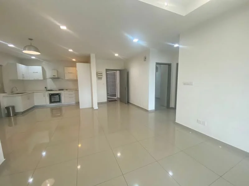 Living features: glossy tile flooring, white painted walls, recessed downlights, pendant light, open-plan layout, kitchen area with cabinetry, stainless-steel oven, stainless-steel range hood, single-bowl stainless-steel sink, chrome pull-down faucet, doorway leading to other rooms, large windows for natural light; style: modern.
