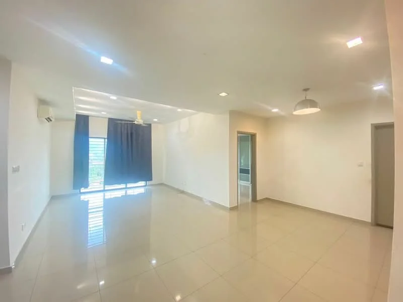Living features: white painted walls, glossy ceramic tile flooring, recessed LED downlights, 5-blade ceiling fan, sliding glass door, floor-to-ceiling windows, blackout curtains, natural light, neutral color scheme, open layout; style: modern; view: garden.