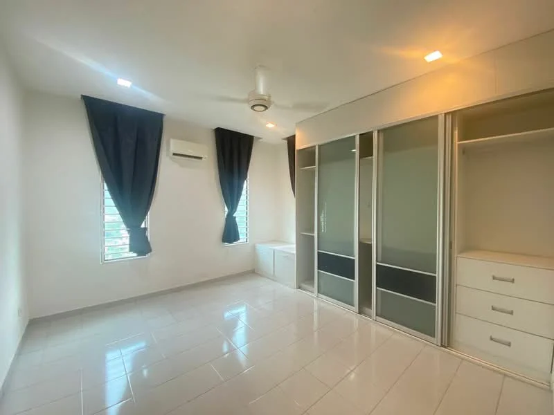 Bedroom features: white painted walls, glossy ceramic tile flooring, 5-blade ceiling fan with light, floor-to-ceiling windows, blackout curtains, built-in wardrobe with sliding doors, built-in drawers, air conditioning unit; style: modern.