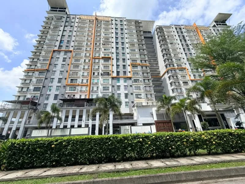 Exterior type: high-rise condominium; features: glass curtain wall, white painted facade, orange accent lines, recessed balconies, flat roof, approximately 20-storey high-rise, manicured lawn, palm trees, surrounded by mature greenery; style: modern.