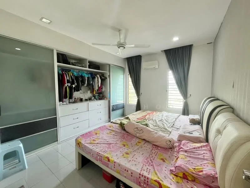 Bedroom features: queen-size bed with pink bedding, upholstered headboard, built-in wardrobe with sliding doors, white dresser with multiple drawers, floor-to-ceiling windows, grey curtains, ceiling fan, air conditioning unit, white tiled flooring, decorative wall with light-colored paneling, clothes hanging on rack, small blue stool; style: modern; view: city.