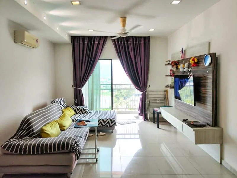 Living features: grey fabric sectional sofa with striped pattern, yellow accent cushions, white TV console, wall-mounted TV, ceiling fan, floor-to-ceiling sliding glass door, purple curtains, white tiled flooring, decorative wall shelf with figurines, wall-mounted clock; style: modern; view: city.