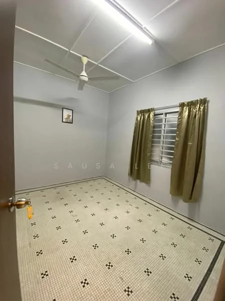 Room features: grey painted walls, white ceiling, ceiling fan, window with horizontal bars, curtains in gold color, tiled flooring with black and white pattern, framed artwork on wall.
