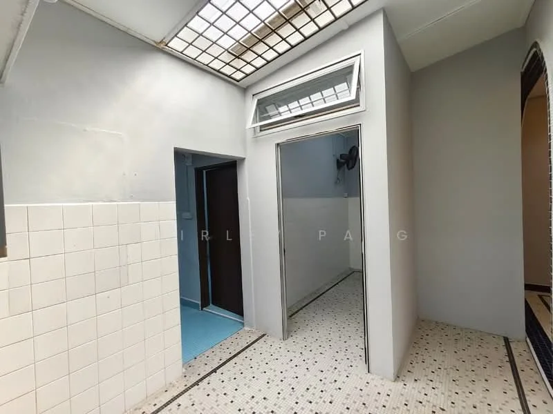 Room features: grey painted walls, white tiled flooring, glass skylight, shower area with wall-mounted shower, doorway leading to another room, tiled wall in shower area, mosaic tile flooring, window for natural light; style: modern.