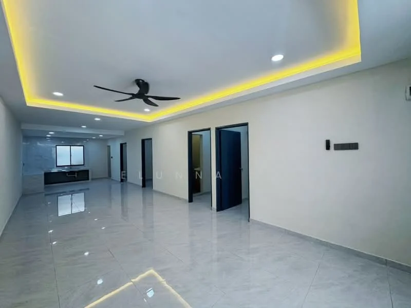Room features: white painted walls, recessed ceiling with LED strip lighting, polished ceramic tile flooring, 5-blade ceiling fan, multiple doorways, large window, neutral color palette; style: modern.