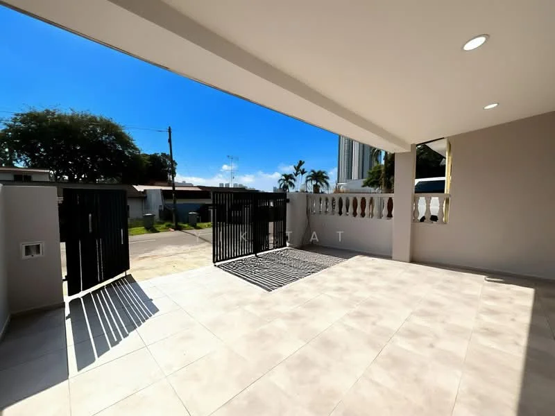 Exterior features: gated entrance, paved flooring, outdoor space, fence, landscaped area, sunny weather, clear blue sky; style: modern.