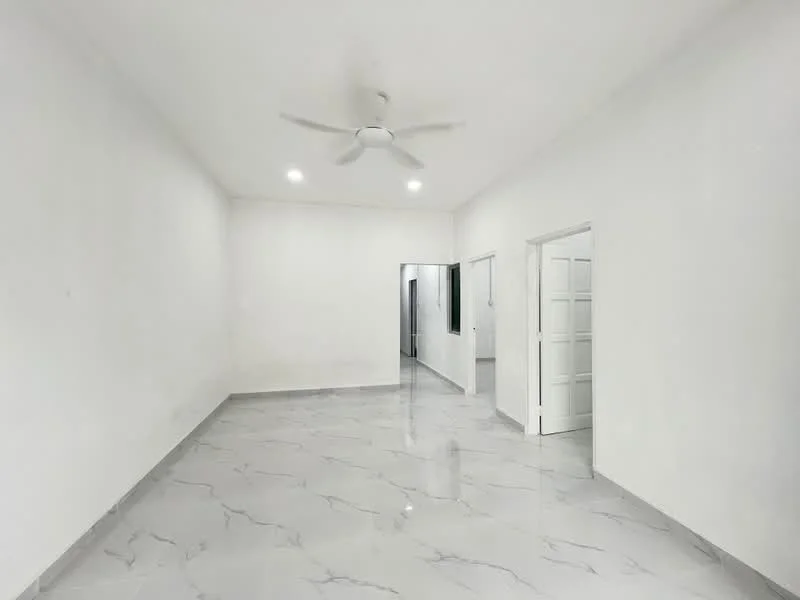 Room features: white painted walls, marble tile flooring, 5-blade ceiling fan, recessed downlights, doorway leading to another room, doorway leading to hallway; style: modern.