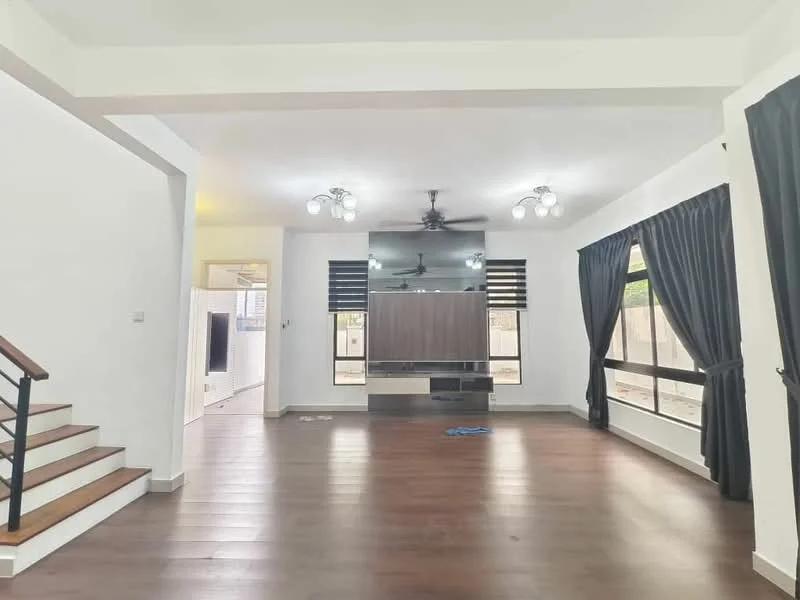 Living features: wooden flooring, white painted walls, ceiling fan with light, wall-mounted TV, TV console, large windows with black-out curtains, recessed lighting, open layout, staircase leading to upper floor, decorative wall paneling; style: modern; view: garden.