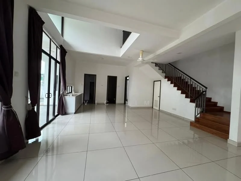 Living features: large floor-to-ceiling windows, white painted walls, polished ceramic tile flooring, 5-blade ceiling fan, dark wood staircase, curtains in dark purple, open layout, natural light from windows; style: modern. Kitchen features: kitchen counter with sink, stainless-steel appliances, open to living area; style: modern.