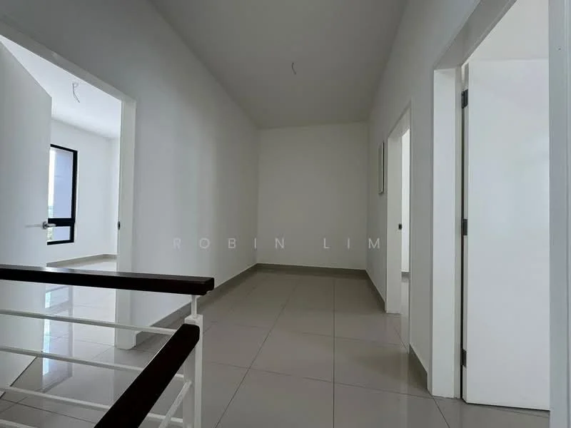 Room features: white painted walls, glossy ceramic tile flooring, ceiling with no visible fixtures, doorway leading to adjacent rooms, large window providing natural light, stair railing, neutral color scheme; style: modern.