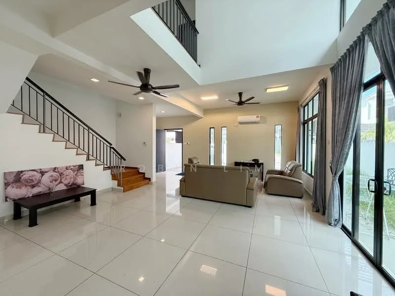 Living features: white painted walls, polished ceramic tile flooring, 5-blade ceiling fan with light, 2-seater fabric sofa in beige, 3-seater fabric sofa in grey, coffee table, TV console, floor-to-ceiling windows, sheer curtains, sliding glass door, decorative wall art, staircase with wooden steps and metal railing; style: modern; view: garden.
