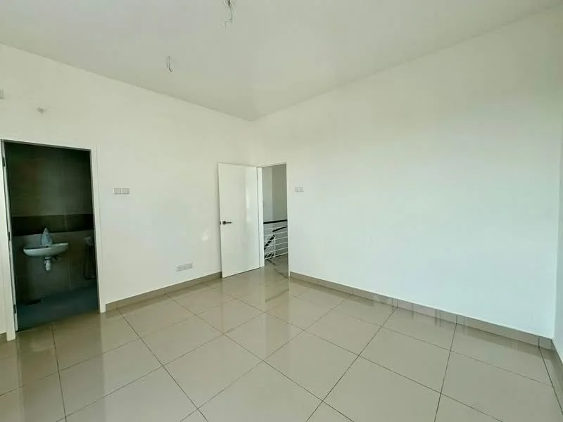 Room features: white painted walls, glossy ceramic tile flooring, single door, door frame, window frame, visible plumbing fixtures, neutral color scheme, high ceiling, no visible furniture; style: modern.