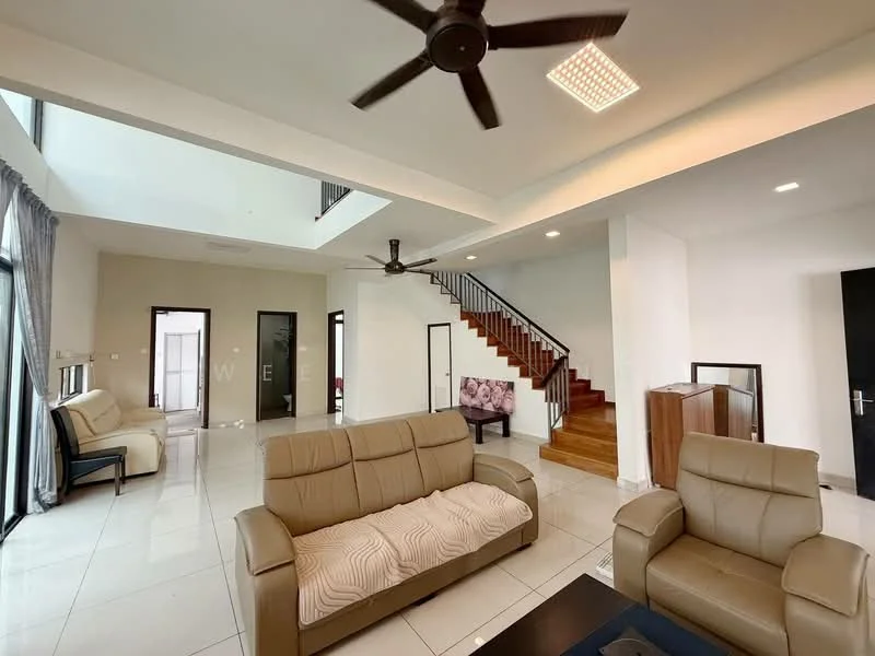 Living features: 3-seater leather sofa in beige, 2-seater leather sofa in beige, coffee table, ceiling fan with light, recessed LED downlights, white painted walls, tile flooring, large windows with sheer curtains, staircase with wooden steps, open layout, decorative wall art, area rug; style: modern. Room features: white painted walls, tile flooring, large windows, staircase with wooden steps.